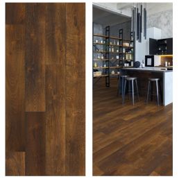 Tumepruun Tulekaitseplaat Rocko põrandakate, paigaldatud stiilsesse köögiruumi koos riiulite ja baaripukkidega.