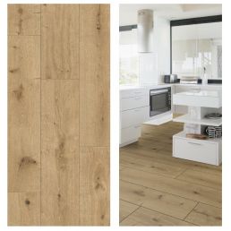 Helepruun puitimitatsiooniga SPC-põrandakate, vastupidav ja veekindel, sobib ideaalselt köögis kasutamiseks.