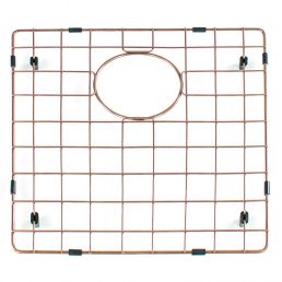 Copper grid-style sink bottom grid, 40x40 cm, with a central circular opening.