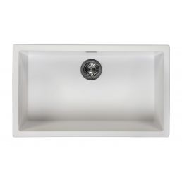 Suorakulmainen valkoinen keittiöallas yhdellä altaalla, ylhäällä keskellä pyöreä viemäri. Sileä pinta, mitat ovat 780x460 mm.