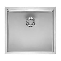 Hopeanvärinen ruostumattomasta teräksestä valmistettu keittiöallas, yksi allas, mitat 440x410 mm, syvyys 100 mm.