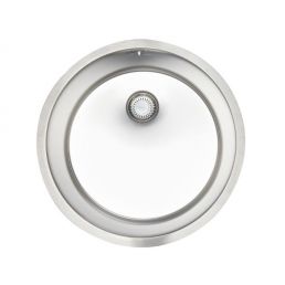 Pyöreä, ruostumattomasta teräksestä valmistettu keittiöallas, yksialtainen, halkaisija noin 463 mm, keskellä poistoreikä.