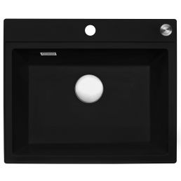 Suorakulmainen musta keittiöallas yhdellä altaalla ja hanareiällä, koko 600x500 mm, metallinen ylivuotoreikä oikeassa yläkulmassa.