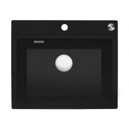 Musta keittiöallas, yksi allas, koko 600x500 mm, hopeanväriset yksityiskohdat.