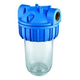 Blue and transparent water filter, 7 inches in size with a 3/4 inch connection.