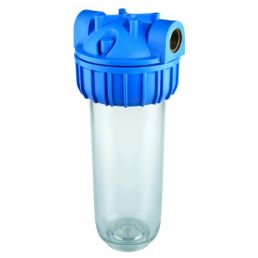 10-tolline vee filtri korpus sinise kaanega ja läbipaistva plastikkorpusega, mõõdud 1-tolline.