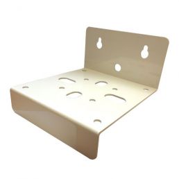 Helebeež metallist seinakinnitusega riiul, mille seljatoes on kaks auku ja riiuliplaadis viis auku.