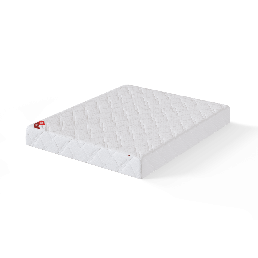 Vedrumadrats Red Orthopedic, mõõtmed 80-180 cm, valge pealispind õrnade mustritega ja punane logo.