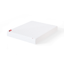 Valge vedrumadrats, millel on pehme tekstuur ja väike punane logo nurgas, laius 80 kuni 120 cm.