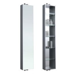Tall, narrow wall cabinet with a mirrored front, rotating and open on one side; inside are glass shelves with bottles. The cabinet body is gray with a mirrored front.