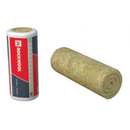 Two rolls of mineral wool, one packaged and the other unrolled. The packaging features a red, blue, and white Rockwool logo.