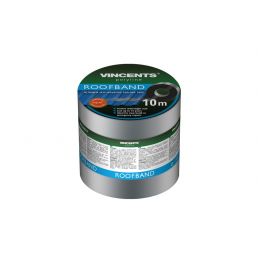 Silver roll of bitumen tape with a green and blue label displaying text. The label indicates a length of 10 m.