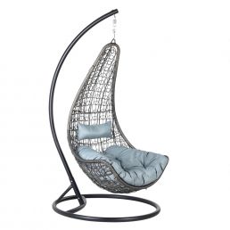 Hanging chair with a gray metal frame, rattan weave, blue-gray padded cushion, and a round base.