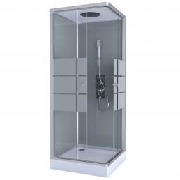 Square shower cabin, 90x90x215 cm, with transparent glass walls and a low base, equipped with a mixer.