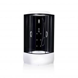 Complete shower unit with a black finish, dimensions 90x90x220 cm, equipped with modern technology.