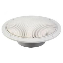 White round sauna speaker, 80W, 16 cm diameter with a broadly perforated front grid.