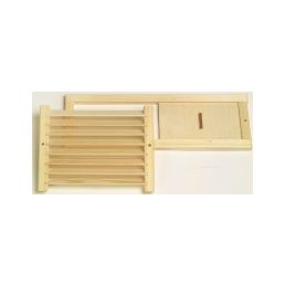 Wooden sauna ventilation grill with a sliding cover that can be opened and closed.