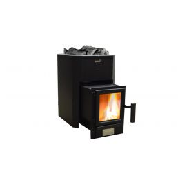 Musta metallinen kiuas, edessä lasinen luukku ja iso kahva, päällä kiviä.