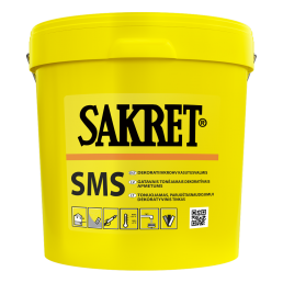 Yellow Sakret SMS plastic bucket with usage instructions and a logo, designed for storing decorative silicone-silicate plaster.