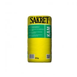 Yellow 25 kg Sakret dry mix bag with the product name and weight clearly displayed.