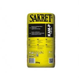 Yellow 15kg Sakret KAM-P cement-based dry mix bag with product information and barcode.