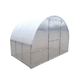 Vitt växthus med valvbågsformat tak, robusta och genomskinliga väggar, bredd 3m, längd 4-10m.