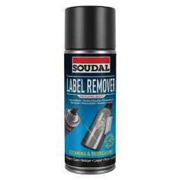 Black 400 ml Soudal label remover aerosol can featuring application examples on the label.