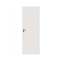 Valkoinen sileä sisäovi, suorakulmainen, musta kahva vasemmalla, yleiskoko.