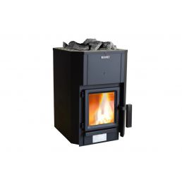 Musta metallinen kiuas, edessä lasiovi, näkyvä tuli sisällä ja kivet päällä. Kompakti, suorakulmainen muoto.