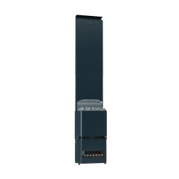 A dark metal vertical enclosed sauna heater with a central stone compartment and a tube-shaped vent at the top.