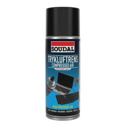 Soudal compressed air cleaner, 400 ml, black metal can with a blue and white label, designed for cleaning electronic devices.