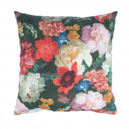 HOLLY OUTDOOR cushion, 45x45 cm, featuring a multicolored floral pattern on a dark background.