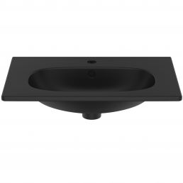 Black rectangular sink with a matte finish, dimensions 600x450 mm. Top-mount design, minimalist style.
