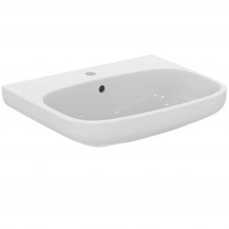 White rectangular basin, dimensions 600x480 mm, featuring a single faucet hole and overflow protection.