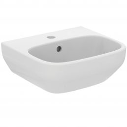 White, rectangular ceramic washbasin, dimensions 400x350 mm, one faucet hole.