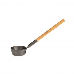 Small gray sauna ladle with a wooden handle.