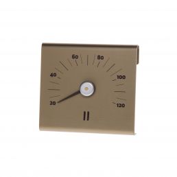 Wall-mounted Rento Champagne sauna thermometer, range 0–120 °C, champagne-colored metal frame.