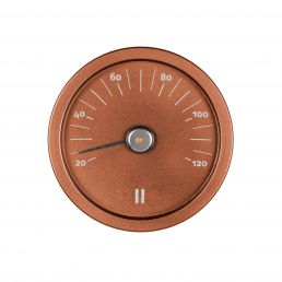 Copper sauna thermometer, 15 cm in diameter, black numbers and indicators on a white background.