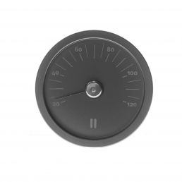 Black RENTO sauna thermometer, 15 cm in diameter. Minimalistic design with a measurement scale.