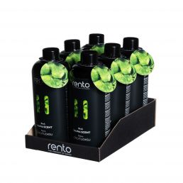 Neljä mustaa muovipulloa RENTO Koivu saunatuoksua, 400 ml per pullo, pakattuna mustaan telineeseen.