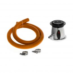 Kollase voolikuga gaasiregulaatorikomplekt, mis sisaldab 1-meetrist D10mm voolikut, kroomitud viimistlusega regulaatorit ja kahte klambrit.