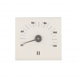 White analog sauna thermometer, scale from 20 to 120 degrees, black numbers and pointer.