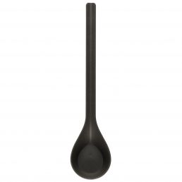 Black plastic sauna ladle with a long handle and a round bowl.