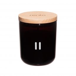 Dark brown glass scented candle with a wooden lid, notable for its design featuring two white stripes.