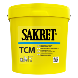 Gul plastspann med Sakret TCM väderskyddsmassa, 17,5 kg, etikett med svart och blå text och QR-kod på framsidan.