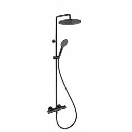 Must termostaatiline dušisüsteem, millel on 250 mm läbimõõduga ülemine dušipea ja käsidušš, pikkusega 1047 mm.