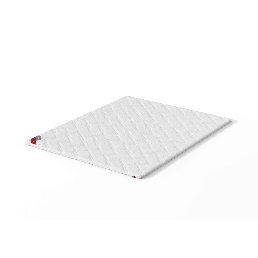 White mattress topper with a wavy pattern and a red logo in the corner. Available in sizes from 80 to 180 cm.