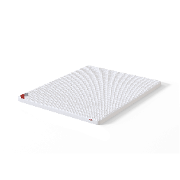 White mattress topper with a wave pattern, width 80-180 cm, red logo in the corner.