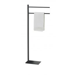 Freestanding towel rack in matte black finish with a single towel bar.