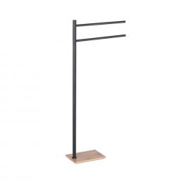 Black Trilly towel holder with two horizontal bars and a modern bamboo base.